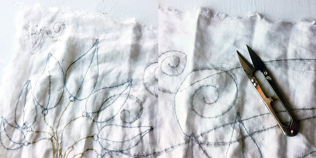 Ponti di filo colorato su lino vintage lacerato