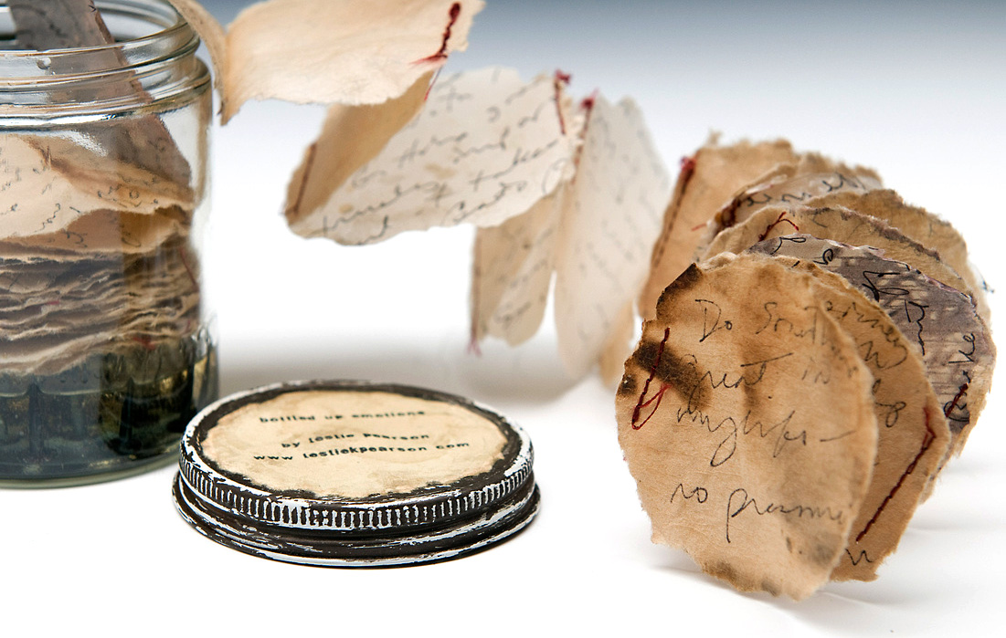 Bottled Up Emotions, sewn book: glass jar, paper, resin, tacks, approx. 4" x 12", 2012, Leslie Pearson