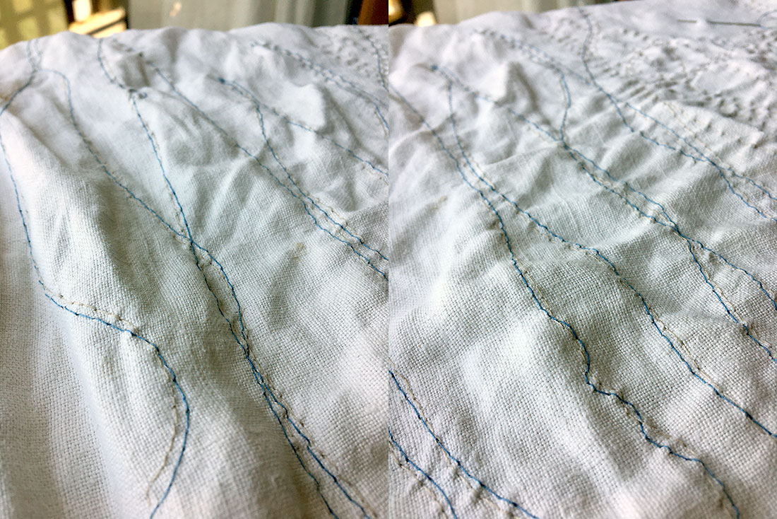 contemporary embroidery art in progress, tessuto naturale con filo chiaro