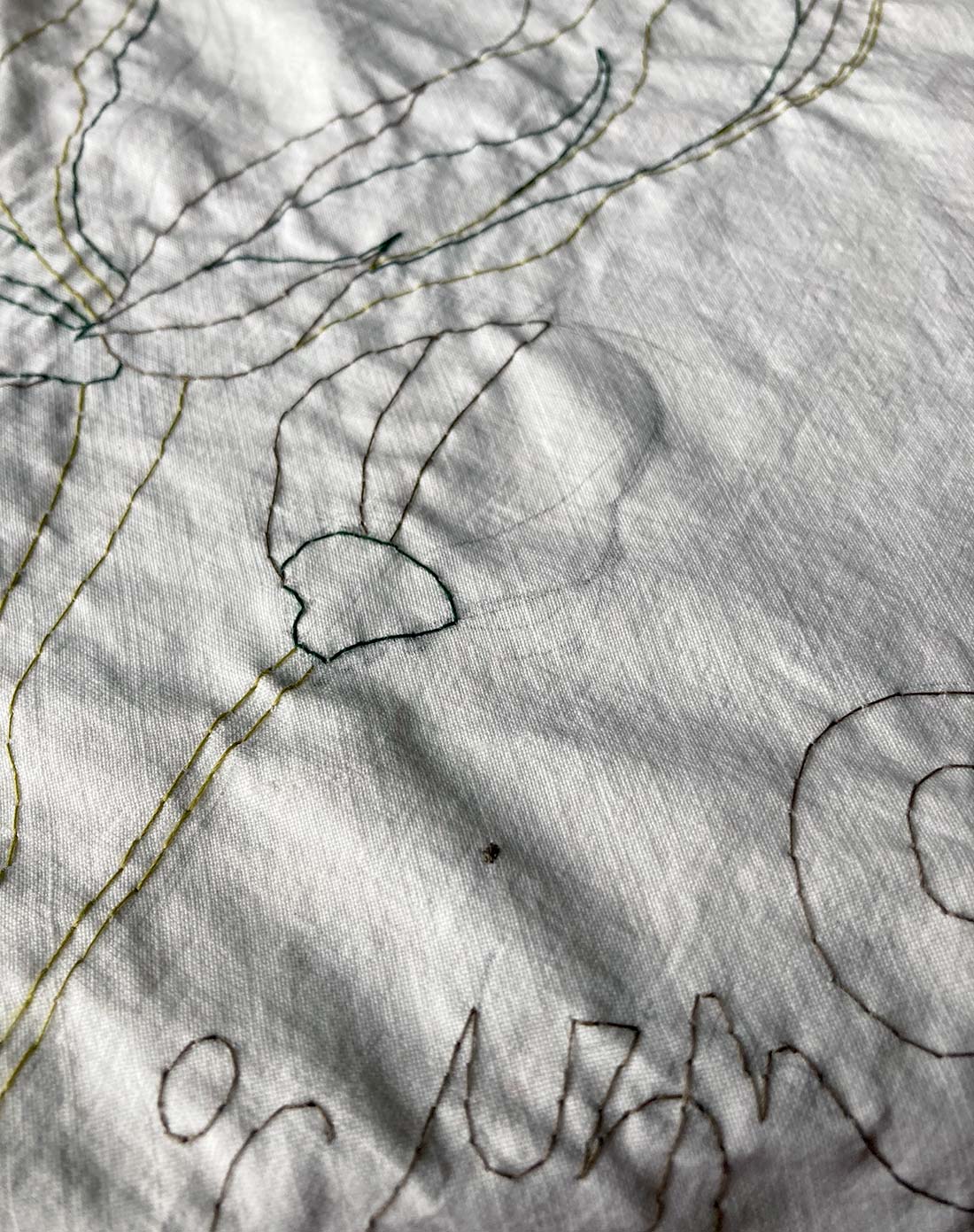 Ricamo con grandi fiori di cotone su stoffa bianca, progress