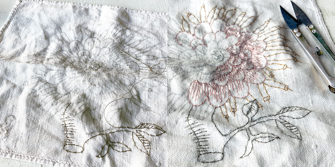 artigianato artistico contemporaneo, piccoli ricami su stoffe vintage