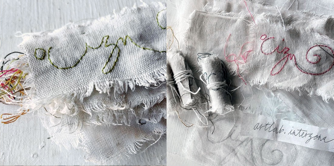 Sonia izn Piscicelli, biglietti da visita ricamati su stoffe vintage