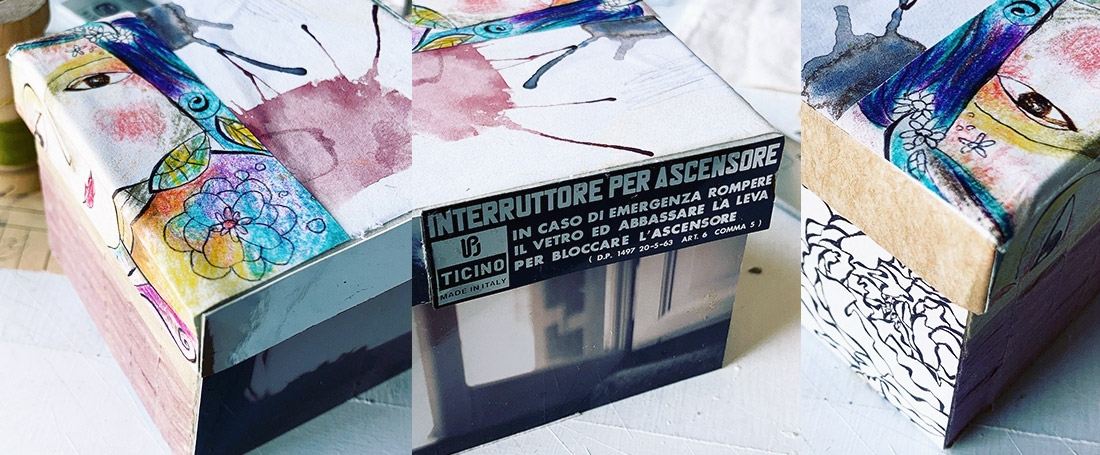 Dettaglio di collage su scatoline di cartone