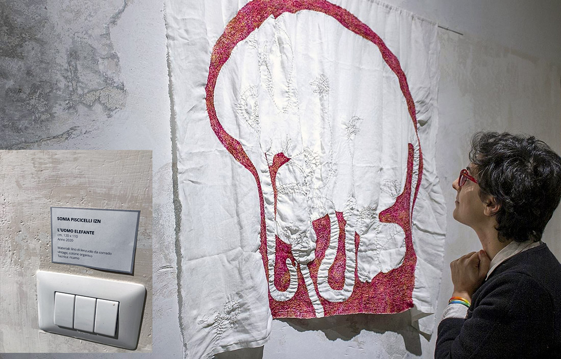 L'uomo elefante, Casermarcheologica, contemporary embroidery art