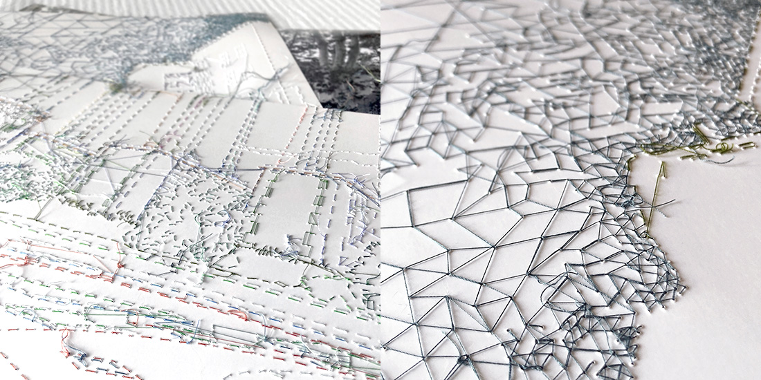 Ricamo a mano su fotografia analogica di borgata romana, retro